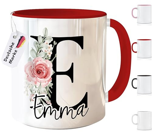 Tasse personalisiert mit Namen Monogram Initiale Kaffeetasse mit Buchstabe persönliche Geschenke Anfangsbuchstabe,325 ml, Keramik Rot