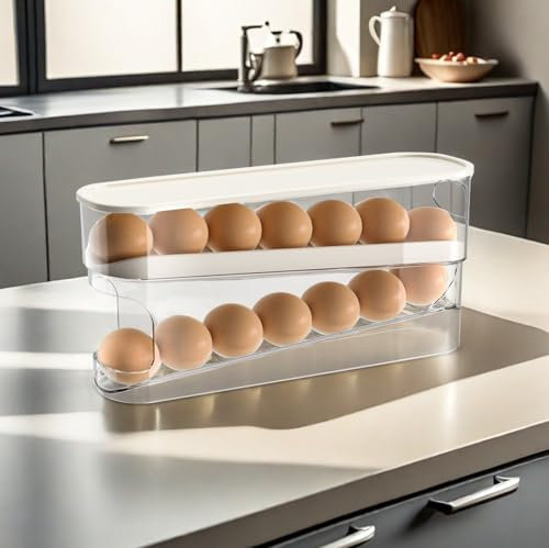 Eierhalter für Kühlschrank, PRITOK 2 Schichten Automatischer Eierbehälter für Kühlschrank, Rolldown Eierspender Eier Organizer, Stapelbarer Transparenter Kunststoff-Eierspender, Hält 12 Große Eier