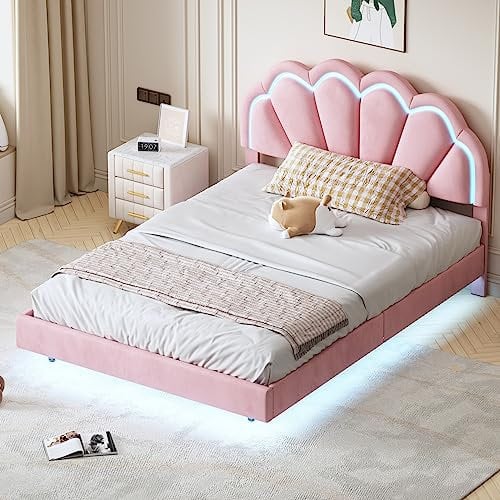 Aoskem Polsterbett Bett 140x200 Doppelbett Kinderbett mit LED-Leuchten und Kopfteil, Schwebebett Flachbett Bettgestell mit Lattenrost, Rückenlehne Bett Jugendbett Gästebett, Ohne Matratze Samt (Rosa)