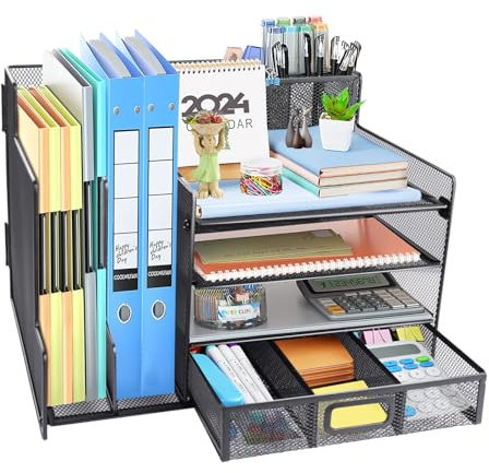 HMXLJJY Schreibtisch-Organizer Mit Netz-Aktenhalter, 4-Stöckig, Bürobedarf und Zubehör Mit Verschiebbaren Schubladen und Stifthalter, Aufbewahrung
