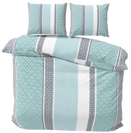 Visaggio Biber Bettwäsche 240x220 cm flauschig Feinbiber Bettbezug Winterbettwäsche 2X Kissenbezug 80x80 cm gestreift Petrol Weiss Ehebett 3teilig