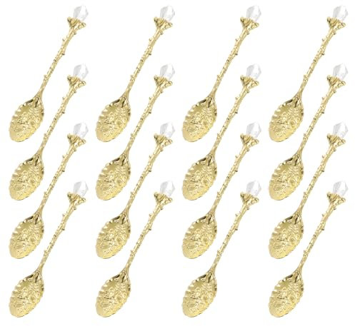 sourcing map 16 Pcs Retro Spoons, 4.3 Inch Crystal Alloy Coffee Spoons,Vintage Carved Tea Spoon Leaf Flower Pattern Dessert Spoon Ice Cream Spoons for Stirring Mixing Gold