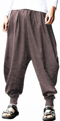 AITFINEISM Men's Drawstring Casual Hippie Harem Pants Loose Drop Crotch Trousers (S,Light Brown)