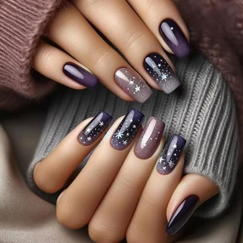 Ceboic 24 Pièces Carré Faux Ongles Moyen Français Ongles à Coller Glossy Press on Nails Brillant Étoiles du Ciel Nocturne Acrylique Couverture Complète Ongles Artificiels pour Femmes et Filles
