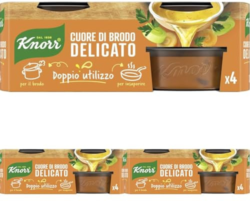 Knorr Cuore di Brodo Delicato, Pronto da Diluire, Con Verdure da Agricoltura Sostenibile, Senza Glutine, Senza Glutammato*, Senza Conservanti, 4 Vaschette da 28g (Confezione da 3)