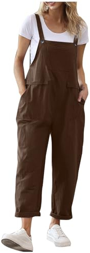 OVARA Ladies Dungarees Casual Baggy Overalls with Pocket Summer Sleeveless Linen Jumpsuits for Women UK Plain Lightweight Button Straps Bib Pants