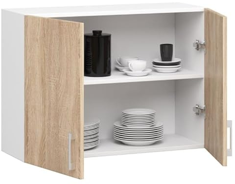BDW - Küchenschrank Hängend - Oberschrank Küche - Weiß/Sonoma-Eiche - 80x30x58cm, mit 2 Türen und Griffen - Küchenschränke Einzeln, Wandschrank, Küchenhängeschrank - OLIWIA1 STK