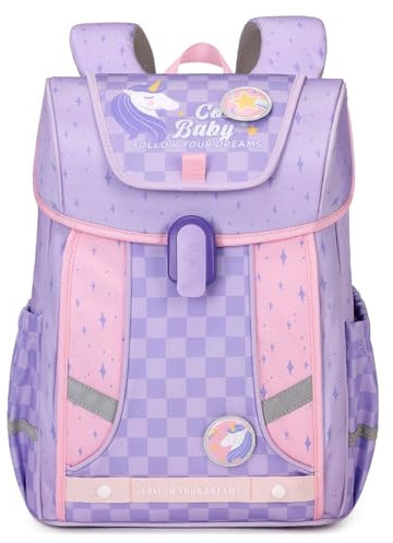 Amythe Schulrucksack Mädchen Ergonomisch 1-5. Klasse mit Brustgurt, 2025 Kinderrucksack Schule 6-12 Jahre Schulranzen mit Abnehmbarer Gürtel und Reflektierend 24L-Lila