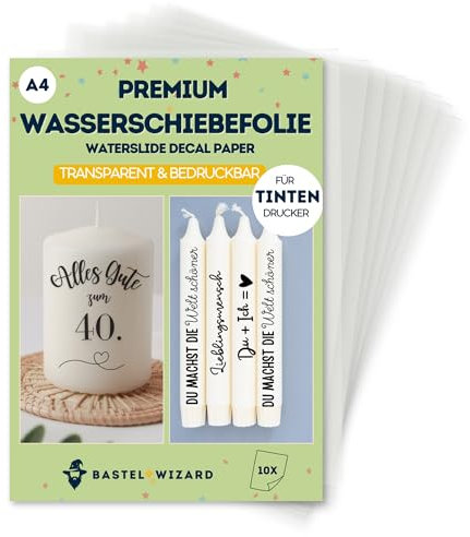BastelWizard Premium Wasserschiebefolie Transparent – 10 Blatt A4 – Für Tintenstrahldrucker – Perfekt für Kerzentattoos & DIY – Inkjet Folie für Kerzen, Glas, Holz & mehr