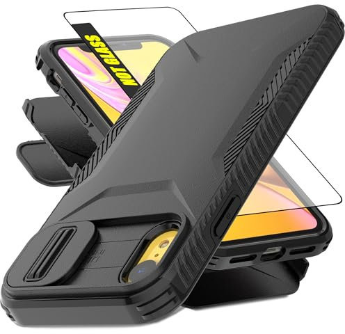AWZHYDT for iPhone XR Case,with 1 HD Screen Protector & Slide Camera Cover [Military-Grade] Phone Case Heavy Duty Rugged Shockproof Protective Cover for iPhone XR 6.1-Black