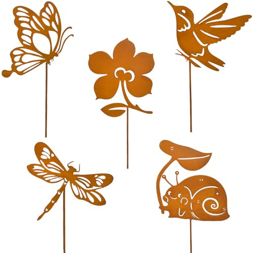 Ljevandria Gartendeko Rost 5 er Gartenstecker Metall Schmetterling Garten Deko für Draußen Rostdeko Edelrost Blumenstecker Deko Frühling Sommer Ostern für Terrassen Blumentopf Balkon Wetterfest