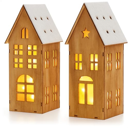 com-four® 2x beleuchtete Holzhäuschen - LED-Timer 6h an/18h aus | Weihnachtsdekoration für Tisch oder Fensterbank - winterliche Holzdeko [Auswahl variiert]