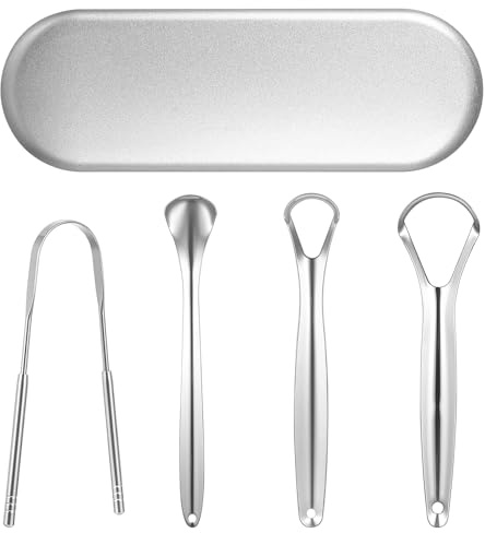 4 Stück Zungenschaber Kupfer, Tragbarer Zungenreiniger Metall, U-Form Tongue Scraper Tongue Cleaners für Mundpflege & frischen Atem, Damen Herren, in Kiste (Silber)