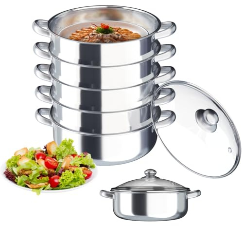 5 Tier Stainless Steel Steamer Pot with Glass Lid, Stackable Steam Cooker for Vegetables, Seafood, Dumplings, Suitable for Induction, Gas & Electric Hobs, Dishwasher Safe, Kitchen Cookware (30cm)