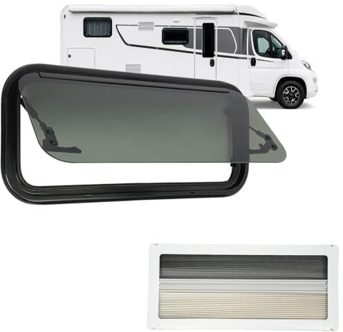 Goddlgjik Finestra a vasistas 700x300mm, finestra per caravan con angolo di apertura 85°, con zanzariera e tenda avvolgibile integrata, vetro temperato da 33mm, finestra per camper/roulotte con