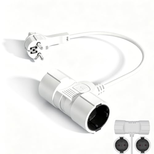 Doppelstecker für Steckdose mit 0,4 m Verlängerungskabel, 2 Fach Schuko Mehrfachsteckdose, 1 auf 2 Steckdosenverteiler Max 3500W, T-förmiger Doppelstecker für Küche Büro und Zuhause