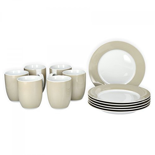 van Well Vario Frühstücksset 12-teilig Kombi-Service 6 Personen - Geschirr-Set Kaffee, Frühstück & Tafel - je 6 kleine, flache Frühstücksteller & Kaffeebecher aus Porzellan - Beige