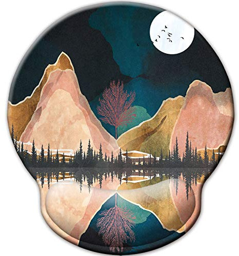 Tapis de souris avec repose-poignet, personnalisé original en mousse à mémoire de forme, antidérapant, ergonomique, pour la maison et le bureau (imprimé paysage de forêt, montagnes, aquarelle)