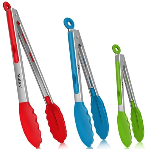 Walfos Küchenzange – hitzebeständig, 250 °C Kochzange, 3er-Set, verdickter Edelstahl und BPA-freie Silikonspitzen, 17.8 cm, 22.9 cm und 30.5 cm Lebensmittelzange (3 Farben Silikonzange)