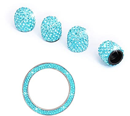 Ventilkappen Ventildeckel,Bling Kristall Diamant Glitzer Strass Universal Reifen Ventilkappen & Start Stop Zündung Taster Aufkleber Abdeckung Innenblenden Dekorationen Aufkleber Autozubehör,Blau