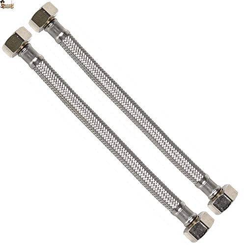 BricoLoco Tuyau de plomberie flexible pour cuvette WC, robinet lavabo ou évier de cuisine ou salle de bain Acier inoxydable Raccords en laiton. Femelle - Femelle. (2, 1/2-1/2 Longueur 15 cm.)