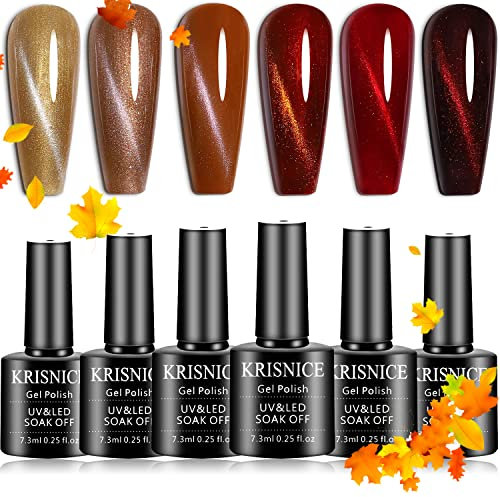 KRISNICE 3D Magnetic Cat Eye Gel Polish Set 6 Color Gold Sauce red Brown Colors Nail Polish Soak Off UV Gel Varnish Nail Salon Kit with 1PC Magnet Stick (KMY6-004)