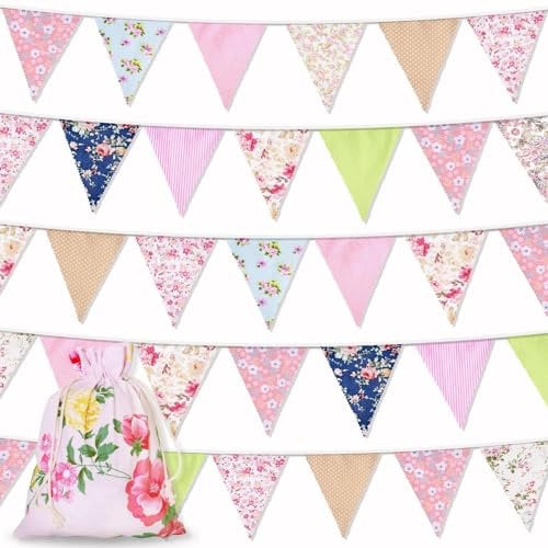 Orifinter 45.9ft Fabric Bunting Flags, 46Pcs Vintage Garden Bunting + Floral Drawstring Bag, Ve Day Bunting, Bunting Banner for Birthday, Party, Easter, Festival, Afternoon Tea Decorations