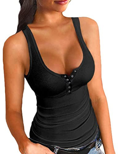 Onsoyours Damen Sexy Strick Tank Top mit Knopf Sommer Elegant Ribbed Tops Ärmellose V-Ausschnitt Shirt Basic Einfarbig Strickoberteil A Schwarz XXL