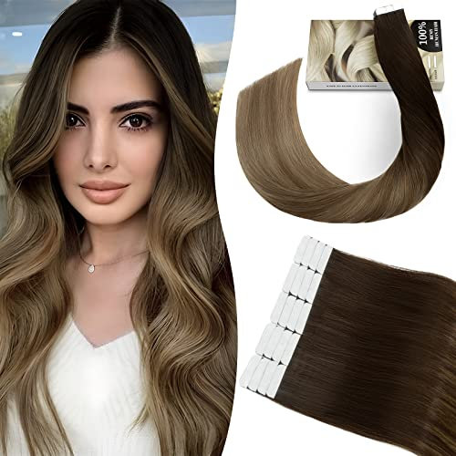 SEGO Tape in Extensions Echthaar Skin Weft Ombre Haarteil Haarverlängerung Human Hair 50 g 20 Stücke 100% REMY Haar Weft Ombre Dunkel Braun bis Hellbraun und Honigblond #2/6/18 14(35cm)-50g