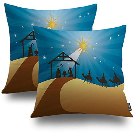 Shrahala Dunkelblau Krippe Weise Männer Dekorative Wurf Kissenbezug, S Weihnachten Stern Kissenbezug Blended Doppelseitig Keine Einsätze für Schlafzimmer Wohnzimmer 2er Set (40,6 x 40,6 cm)