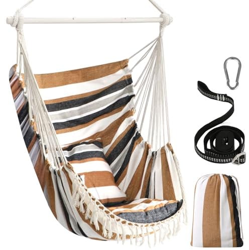 Chihee Columpio Silla Hamaca MAX 227KG 2 Cojines incluidos Barra de Metal con Ranuras Antideslizantes Silla Colgante portátil Bolsillo Lateral Silla Bohemia Grande de macramé Interior Exterior