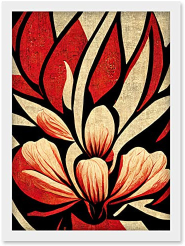 Doppelganger33 LTD Abstract Flowers Design Cream Red Black Vivid Bold Artwork Framed Wall Art Print A4