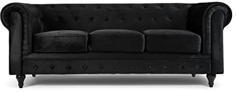 Bravich Velvet Chesterfield Sofa- Black. 3 Seater Settee, Soft Plush Fabric Couch. Living Room Furniture, Easy Clean. 3 Seater- 209cm x 90cm x 78cm
