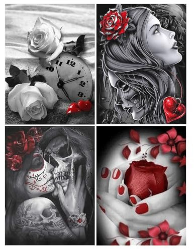 DCIDBEI 30 x 40CM 4 Pcs Diamond Painting Frau für Erwachsene, Malen Nach Zahlen Mthos Kinder Kunsthandwerk Dekoration Geschenk für Party Gotik||Skelett Paar