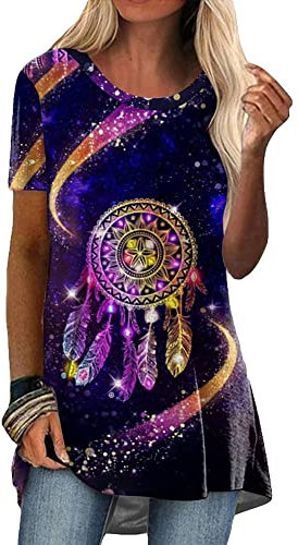 KCatsy Women Summer Top Short Sleeve Ombre Gradient Colour Feather Pattern Native American Geometry Graphic Loose T-Shirt Print Crew-Neck Tunic G Feather PurpleT1 L 12
