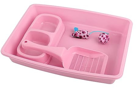 PAWISE Katze Starter Kit beinhaltet 5PCS Kitty Suppies, Low Entry Kätzchen Wurf Pfanne, Katze Wurf Scooter, Katzenschüsseln, Katze Maus Spielzeug, Rosa
