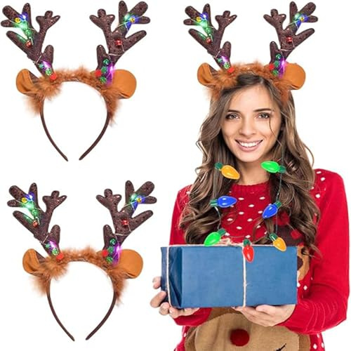Funmo 2 Stück LED Weihnachten Rentier Haarreifen,LED Weihnachtsstirnband,Leuchtet Geweih Kopfschmuck für Weihnachtsbedarf und Urlaubspartys für Kinder und Damen
