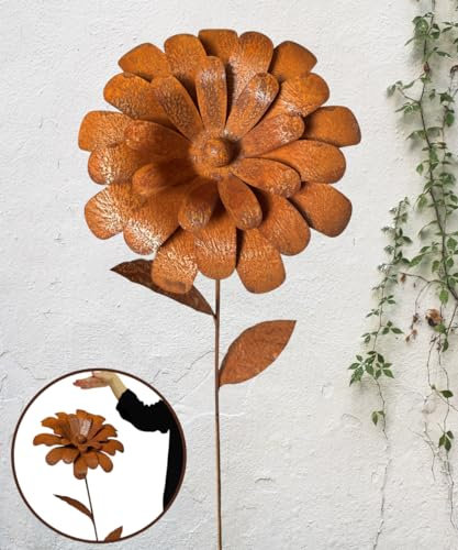 Terma XXL Rost Blume mit Einer Blüte 1,2m Gartenfigur groß, Metallfigur Garten Deko Blume für den Garten rostdeko Figur Metall Blume aus rost deko