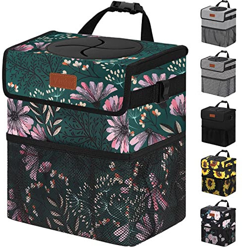 Vankor Poubelle de voiture de 10 litres avec couvercle, sac poubelle de voiture à suspendre, étanche, anti-fuite, poubelle de véhicule bleu marine floral