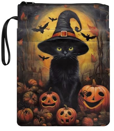 NETILGEN Custodia protettiva per libro con zucca di gatto nero strega con cerniera e tasca frontale, regalo per gli amanti dei libri, custodia protettiva per libri in tessuto lavabile