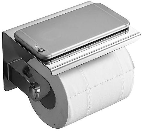 LSLANSOON Toilet Paper Holder with Phone Shelf, Wall Mounted Stainless Steel Tissue Dispenser for Bathroom (Single Roll-Silver)