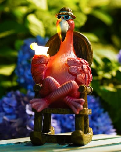 Flamingo Relaxing with a Drink in a Rocking Chair Solar Powered LED Outdoor Garden Light Garden Figures Outdoor, Flamingo Gifts Garden Ornaments with Flamingo Statue