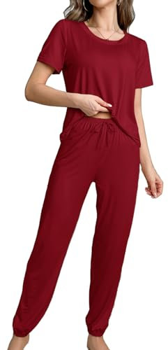 Bunanphy Pyjamas Set for Women Soft Two Pieces Pjs Sets Short Sleeve T Shirt Tops and Long Pants Sleepwear Red X-Large