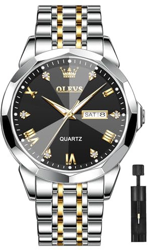 OLEVS Bicolor Armbanduhr Herren mit Datum Modern Schwarz Zifferblatt Große Herrenuhren Edelstahl Elegante Analog Uhren Herren Metallarmband Silber Gold Leuchtend Wasserdicht Uhren fur Männer Geschenke