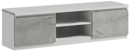 AltoBuy DEYTON - Meuble TV 2 Portes Laqué Blanc et Gris Marbré