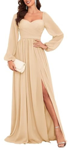 HPPEE Champagne Bridesmaid Dresses Plus Size for Women with Slit Pleated Chiffon Long Sleeve Formal Dress UK26