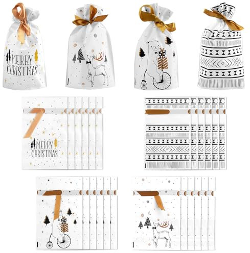 24 Stück Weihnachten Geschenkbeutel mit Kordelzug,Xmas Party Gunst Taschen,Xmas Geschenkbeutel Mit Kordelzug,Hochwertige Partytüten für Geschenke, Süßigkeiten und mehr,Perfekt für Weihnachten,Partys