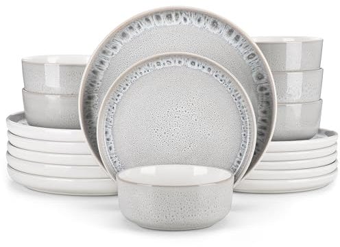 vancasso SNOW Juego de Vajilla de 18 Piezas, Vajilla Elegantes de Gres para 6 Personas con 6 Platos Llanos, 6 Platos de Postre y 6 Cuencos de Cereales, Apto para Lavavajillas, Beige