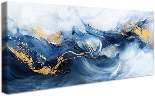 Cadre en Bois Impression sur Toile Vague de Mer Bleu Marine Dorée Tableau Peinture Affiche Decoration Murale Image Aquarelle Océanique Abstrait Tableau Decoration Murale Salon Chambre 50x120cm