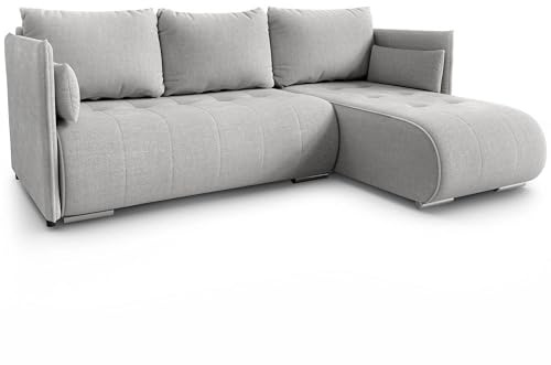 DAKO® L-Shaped Corner Sofa Bed NESSA with Storage – Fabric Couch with Sleeping Function 207×120 cm – Deep Seat 3-Seater Sofa for Living Room – Modern Reversible Design for Comfort (Light Grey)
